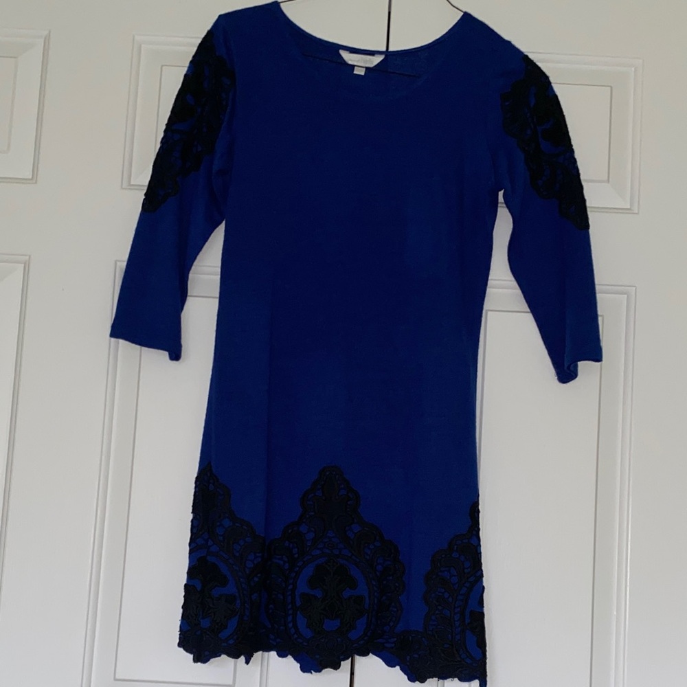 Charming Charlie Blue Mini Dress with Black Lace Trim - size Medium